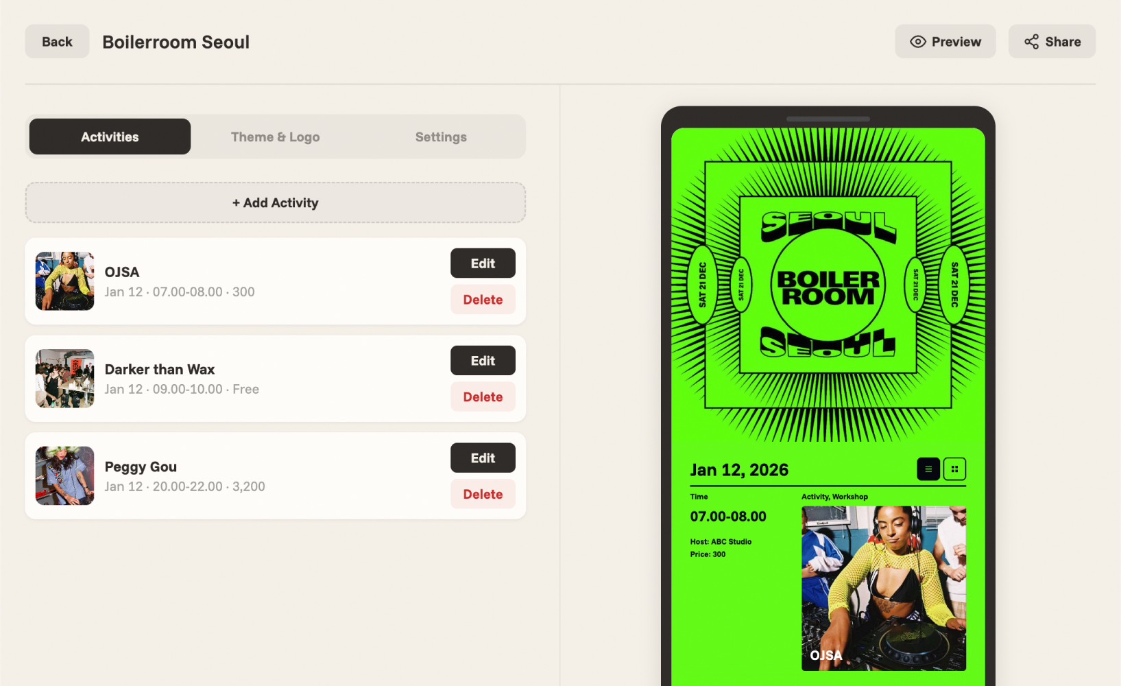 Activities tab